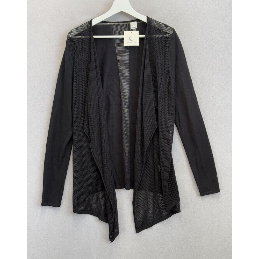 A. Moon Women's Size Large Black Texture Sheer Mesh Hi-Low Open‎ Cardigan NWT